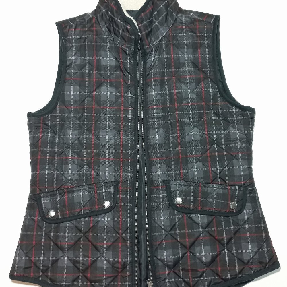 British Khaki Black Plaid Full Zip Quilted Vest Sherpa Collar Women's Size M(def